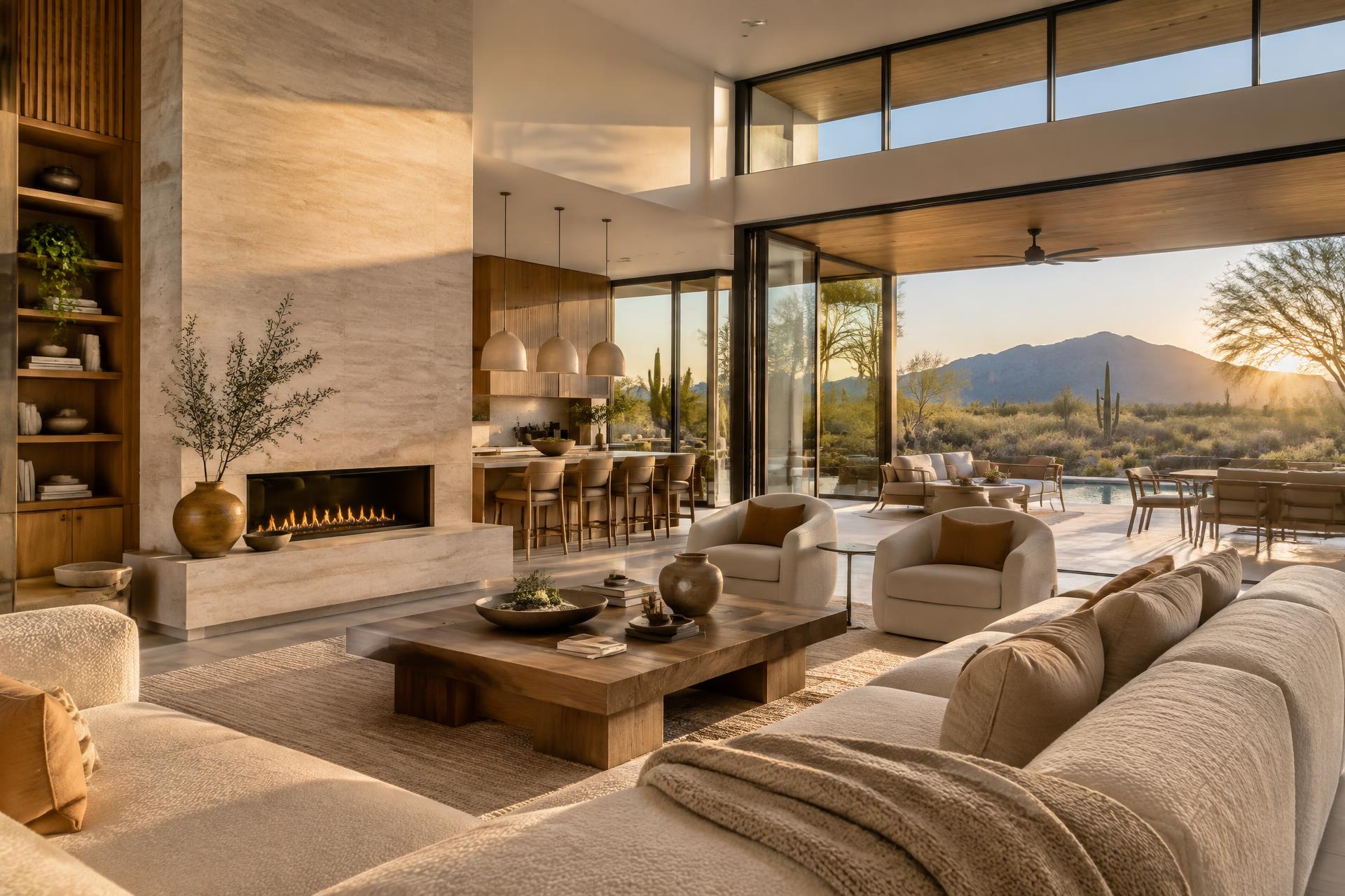 Desert-modern Chandler home with stone fireplace and indoor-outdoor living