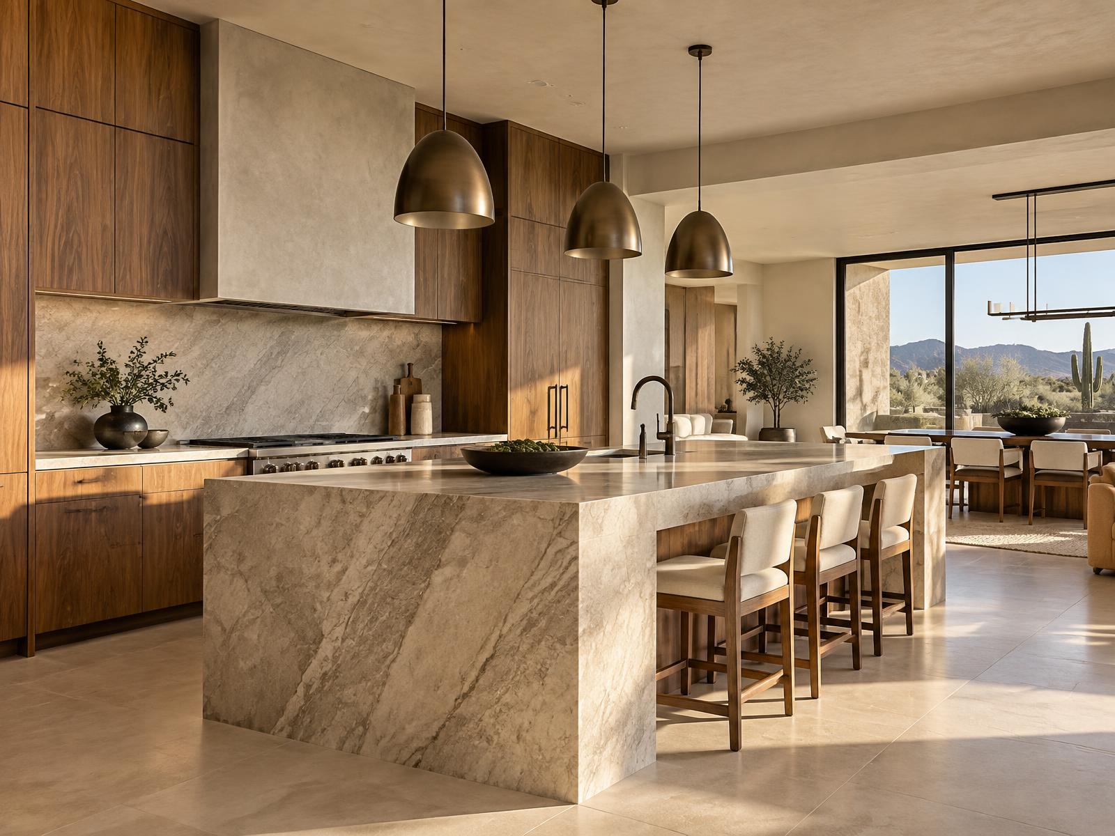 Warm walnut and natural stone kitchen in an Arizona home